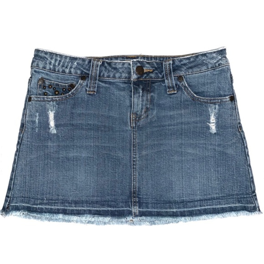 Hint size 3 blue BOHO distressed frayed hem denim stretch zip up jean mini skirt